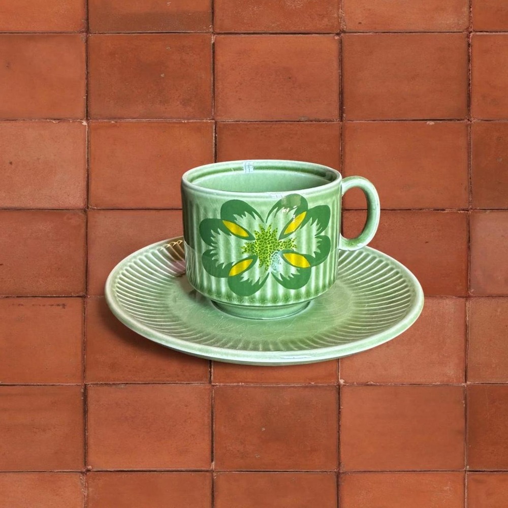 Vintage 60s/70s Green Mod Floral Pagnossin Italian Teacup & Saucer